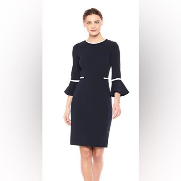 Calvin Klein | Bell Sleeve Sheath Dress with Contrast Piping, Size 8 - Picture 1 of 8